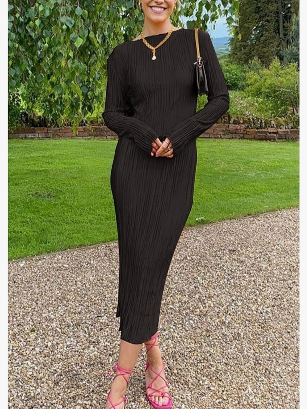 Annystore Black Pleated Long Sleeve Maxi Dress Large - Picture 3 of 11